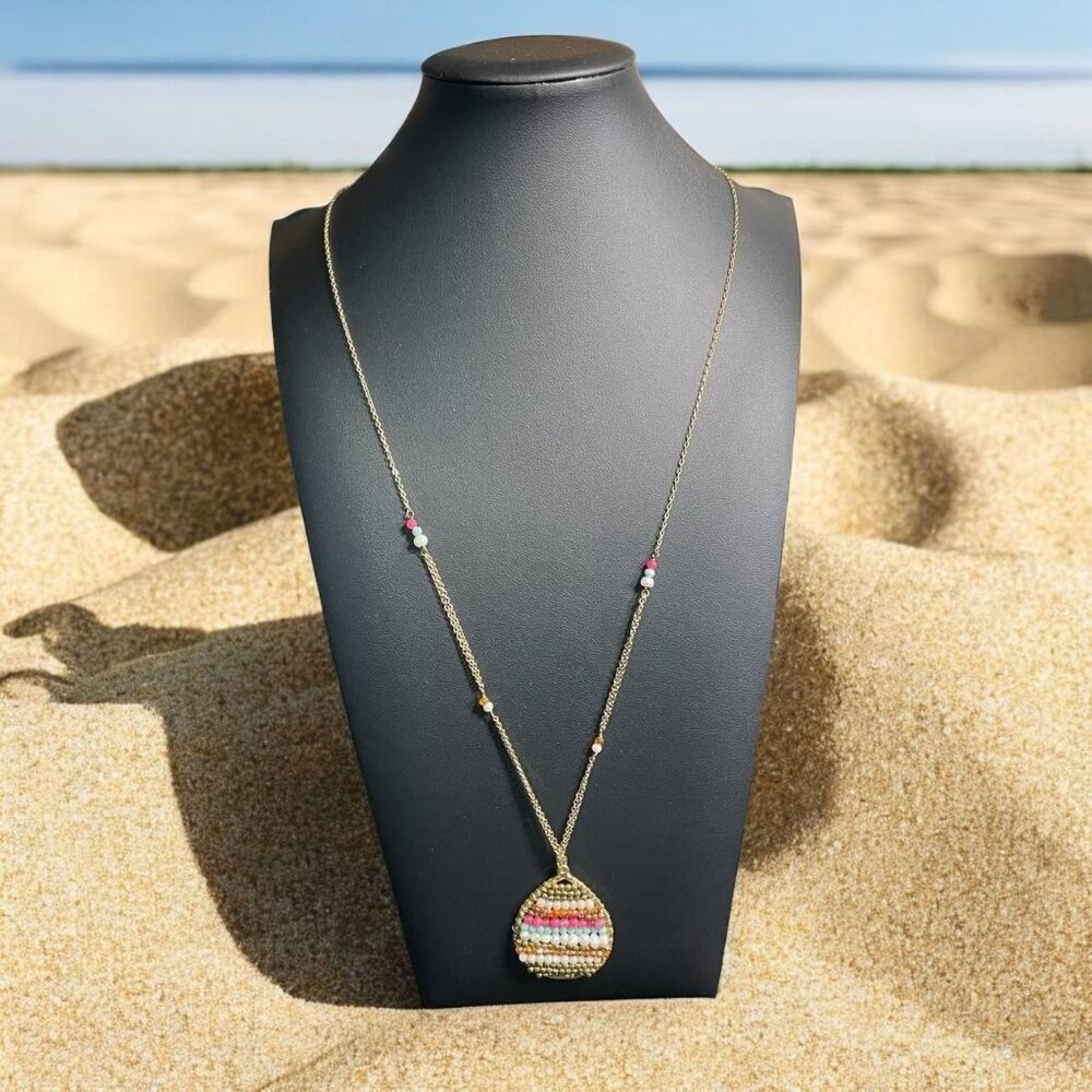 Gold Tone Beaded Pendant Necklace Colorful Stripes Boho Chic Light Festival Art‎